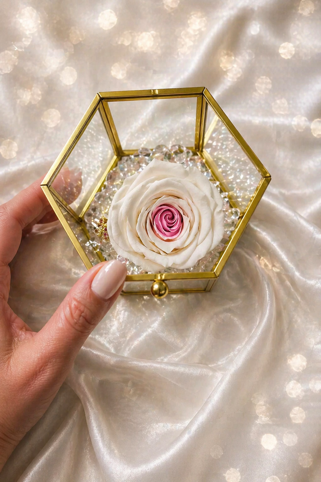 Hexagonal glass box with a preserved rose held by a hand on a satin surface