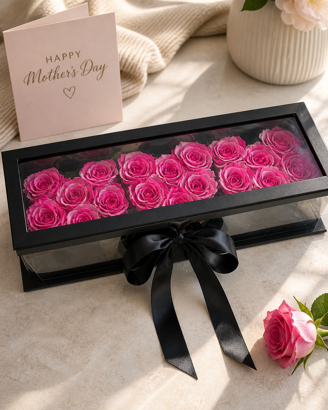 Black box with pink roses and a 'Happy Mother's Day' card on a light surface.