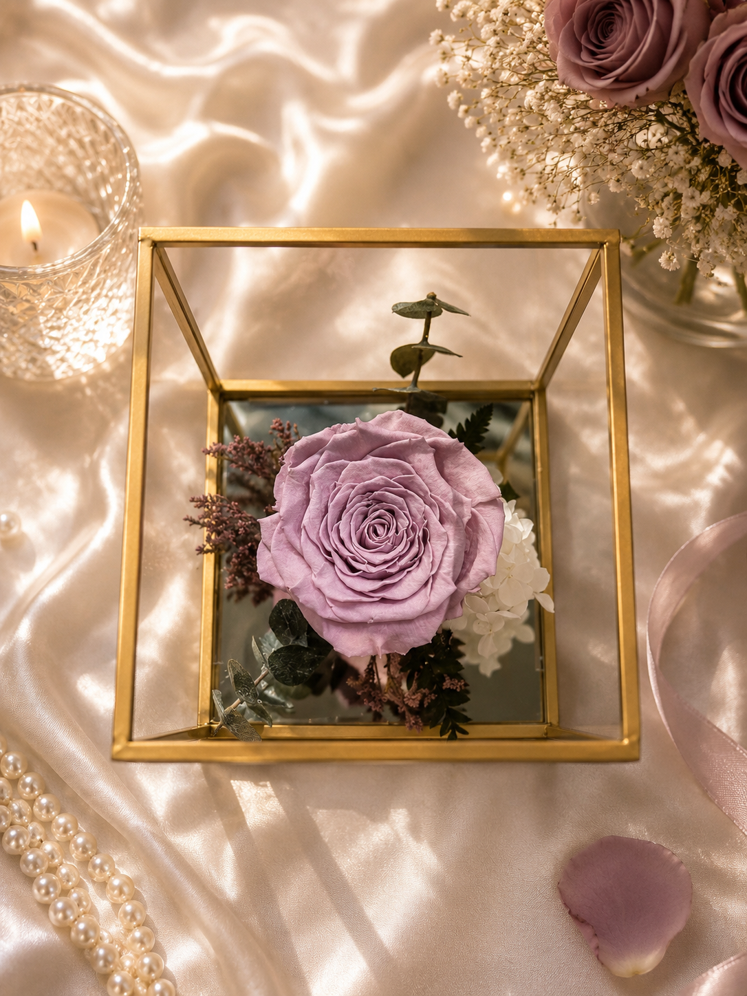 Pink rose in a gold box on a soft fabric background
