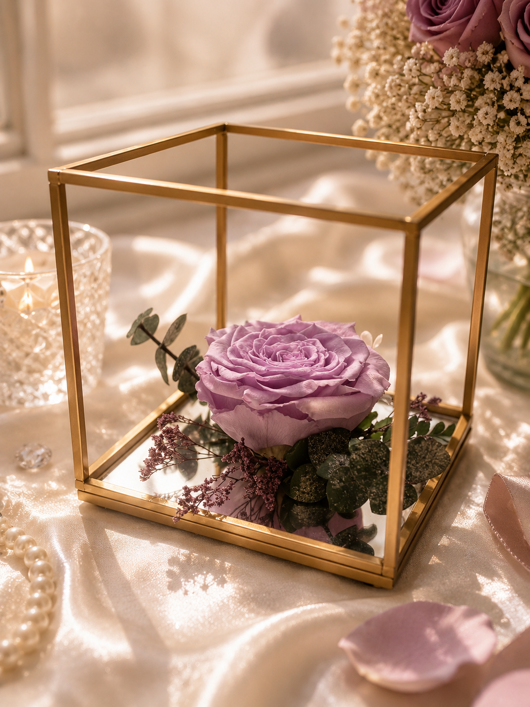 Purple rose in a gold box on a soft background