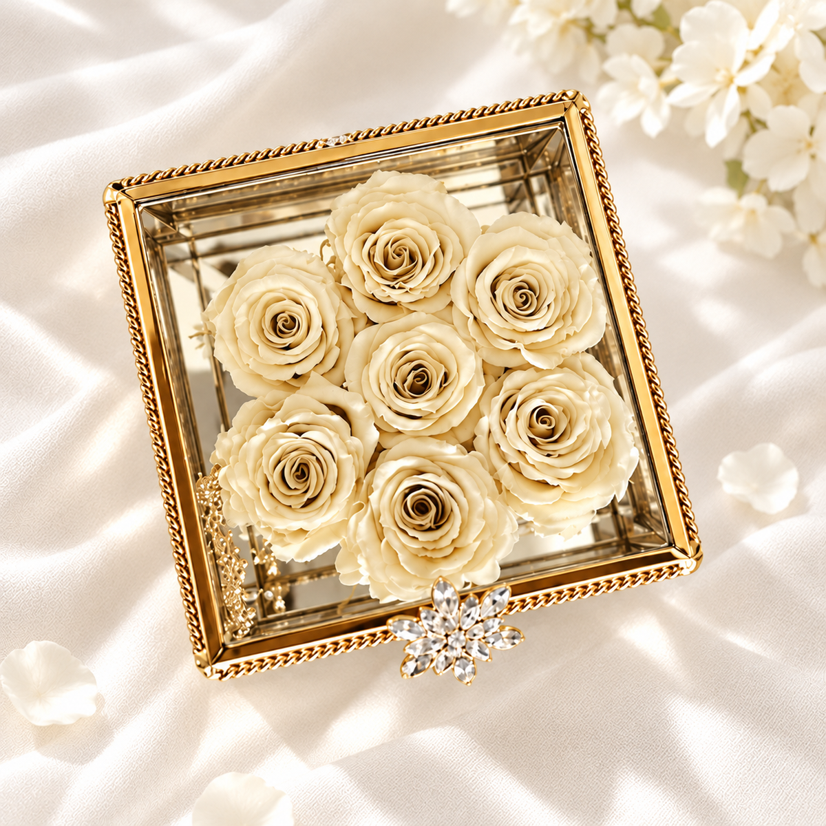 A square glass keepsake box with a gold rope-trim frame, filled with cream-colored preserved roses, set on a white satin fabric with scattered flower petals and soft sunlight.