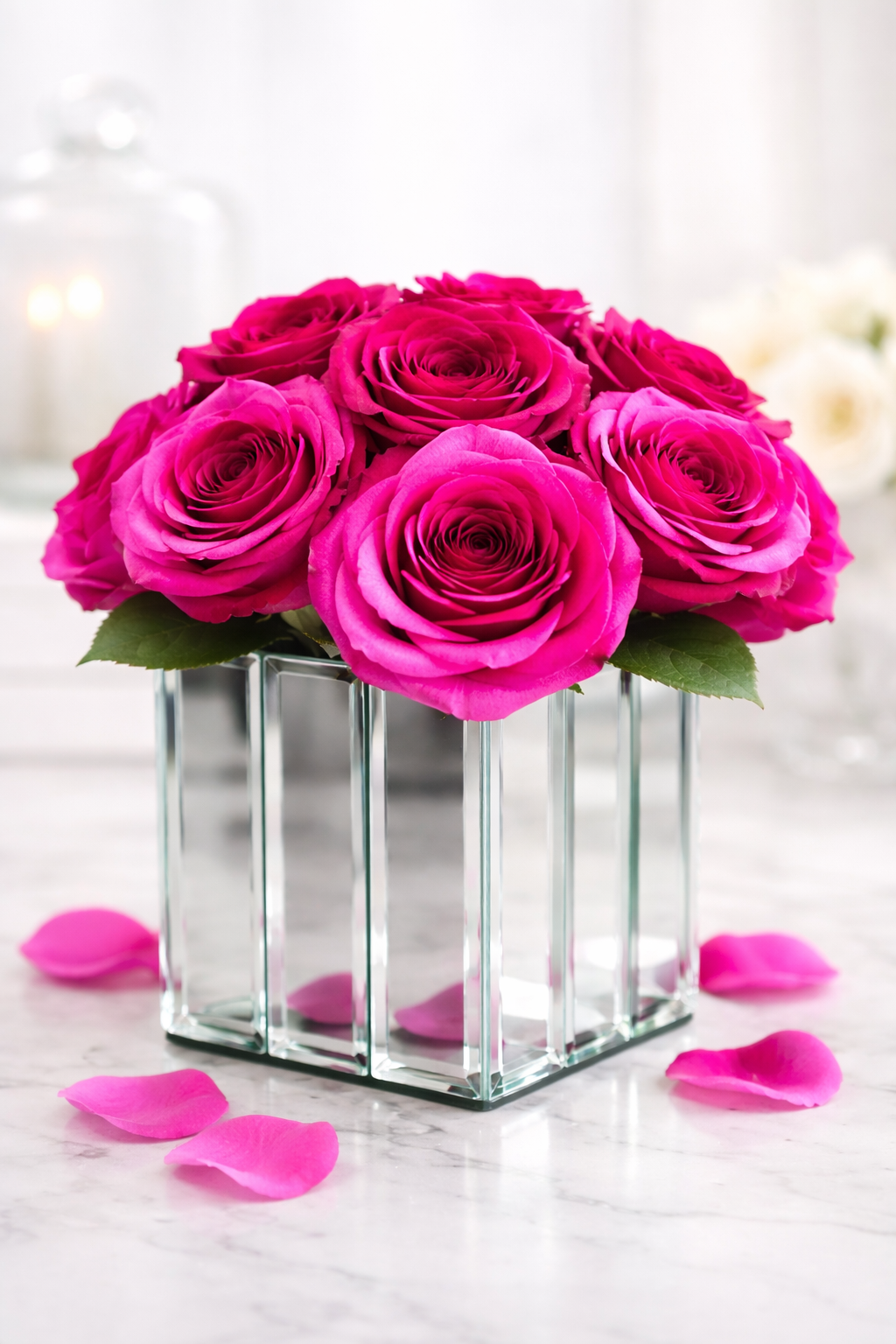 Pink roses in a mirror glass vase on a light background
