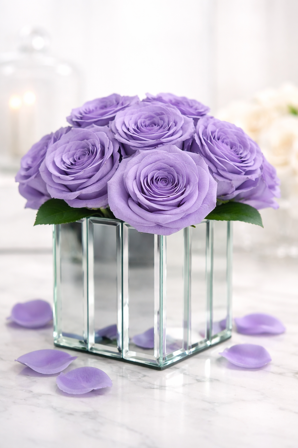 Purple roses in a mirrored cube vase on a marble surface with blurred background